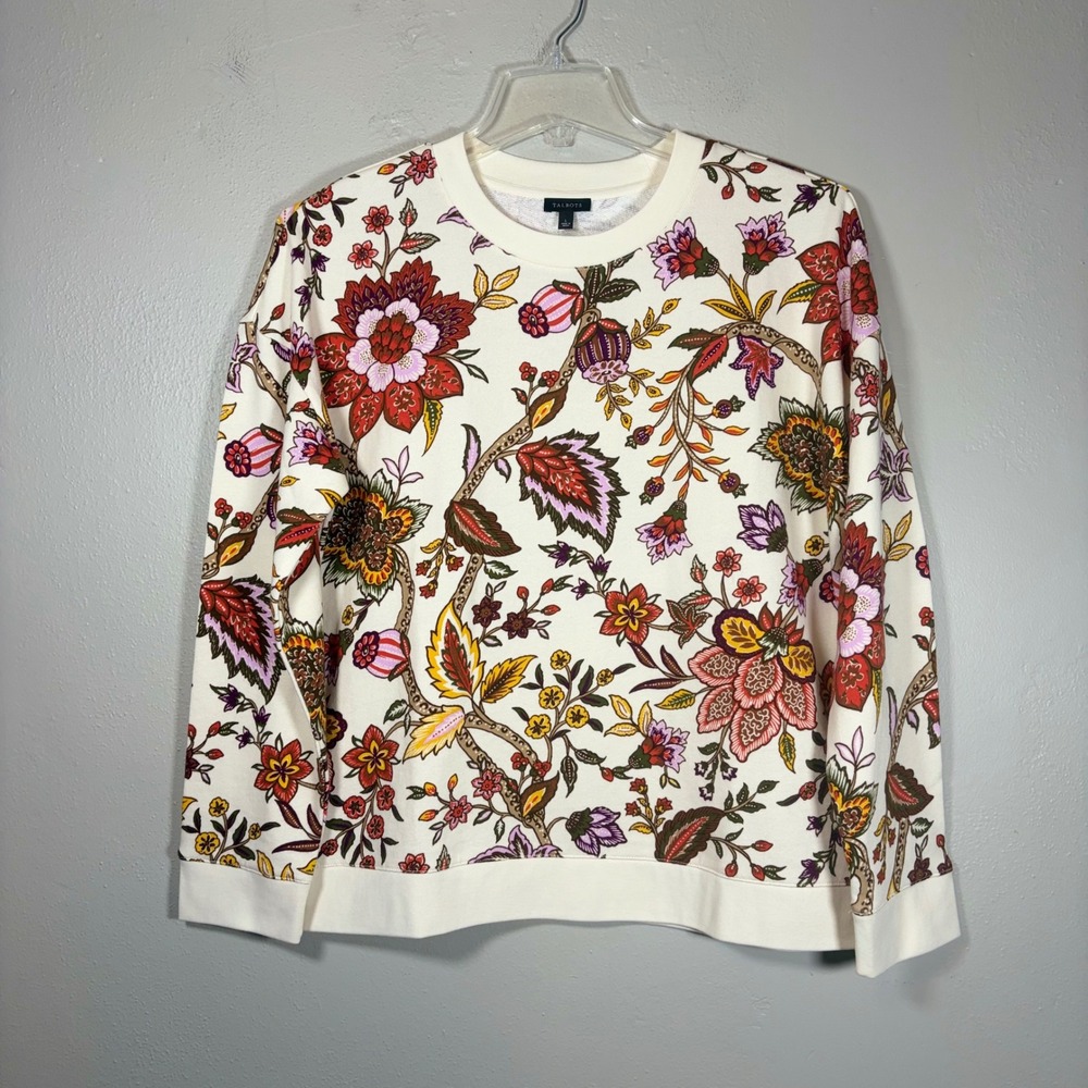 Talbots Womens Ivory Floral Cotton French Terry Crewneck Sweatshirt Large